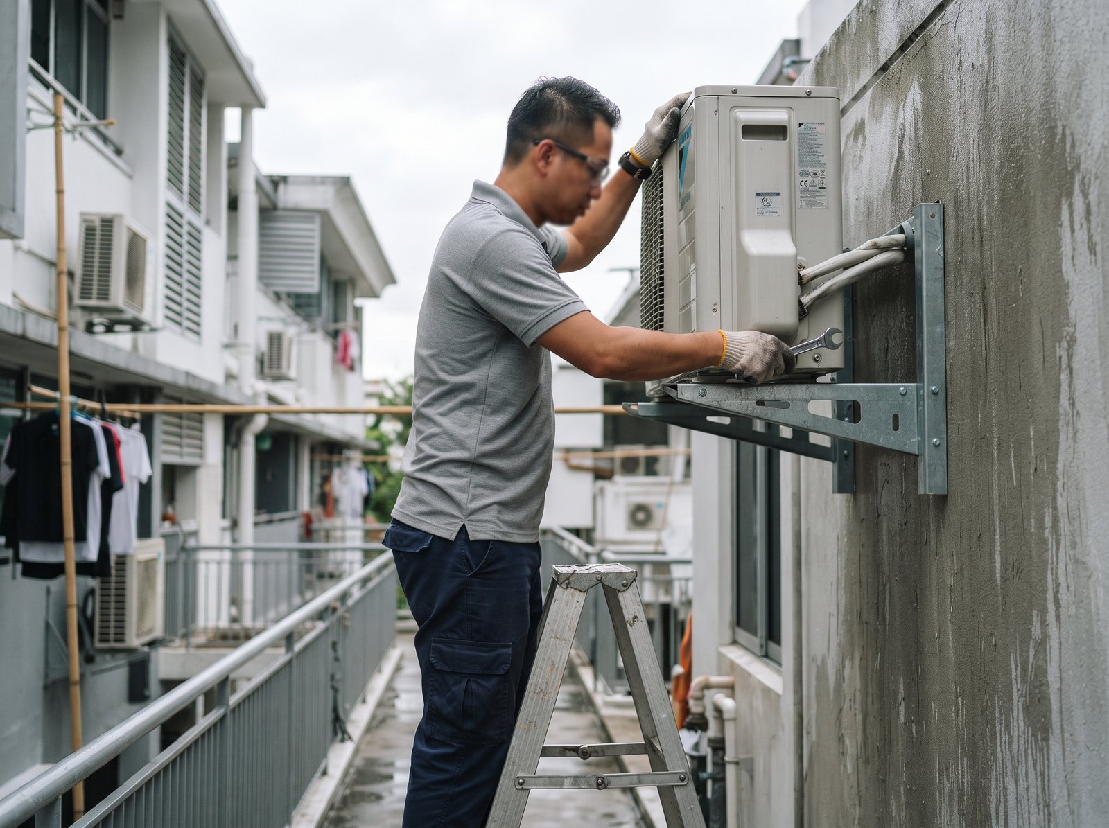 Technician installing an air-conditioning condenser unit at a Singapore HDB flat