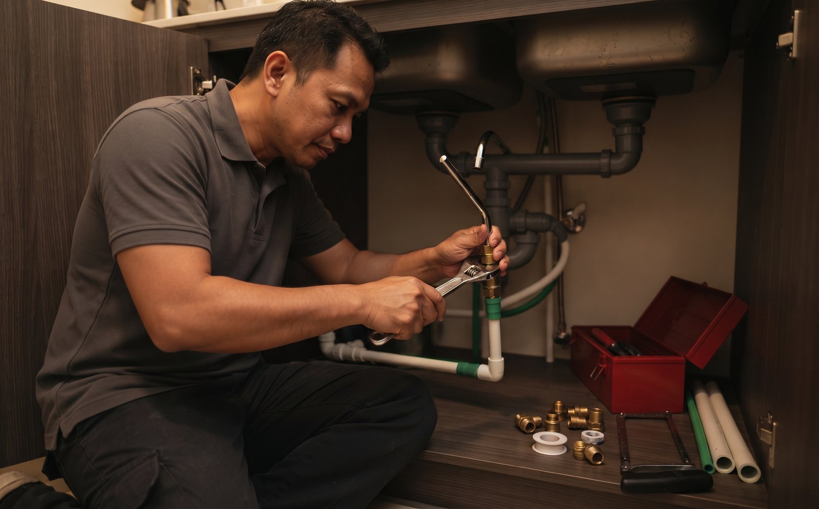 Plumber fitting pipework under a kitchen sink in a Singapore home